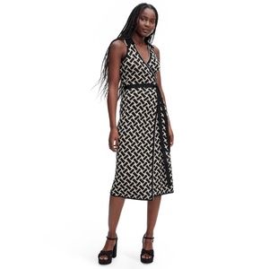 Women's Collared Sleeveless Vintage Weave Neutral Sweaterknit Midi Wrap Dress -